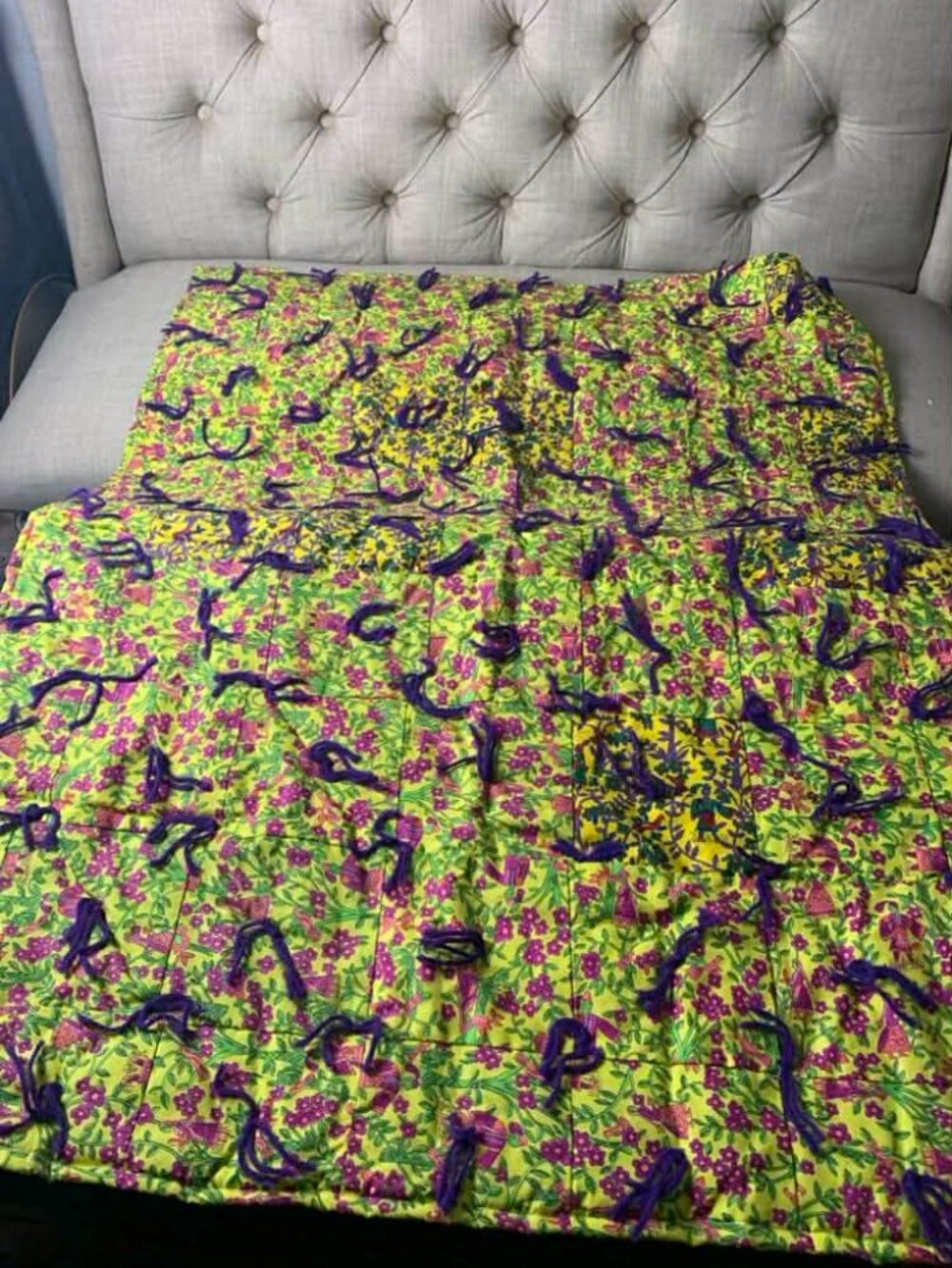EUC Vintage Quilt Throw Blanket Yellow & Purple Whimsical Boho 45 X 36